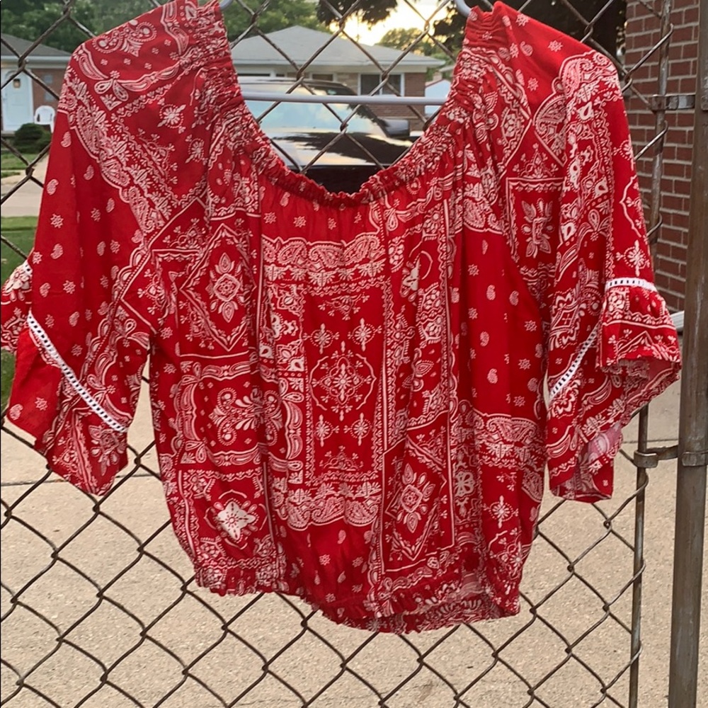 Red patterned blouse